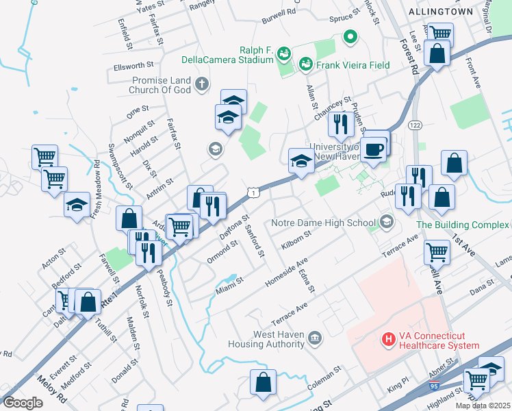 map of restaurants, bars, coffee shops, grocery stores, and more near 105 Daytona Street in West Haven