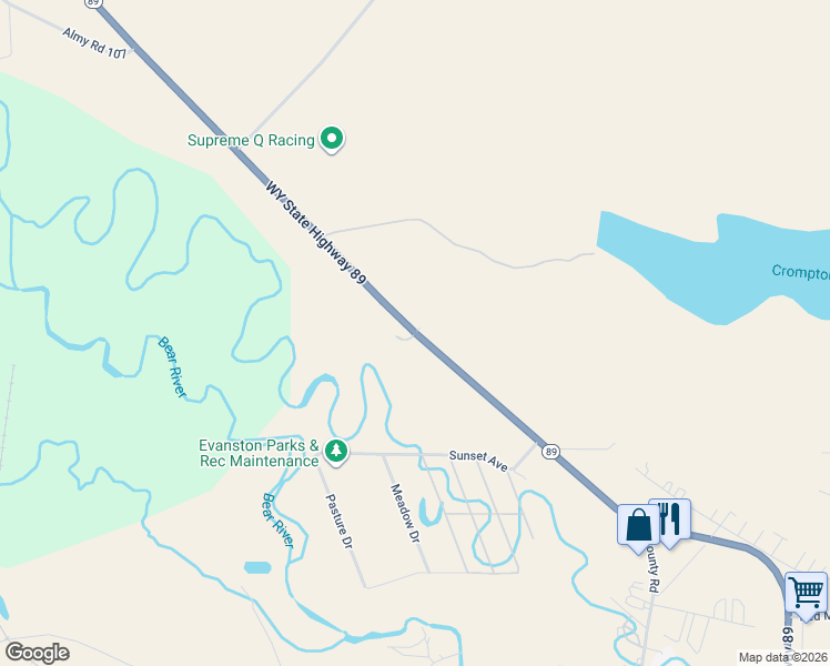 map of restaurants, bars, coffee shops, grocery stores, and more near 1503 Wyoming State Highway 89 in Evanston