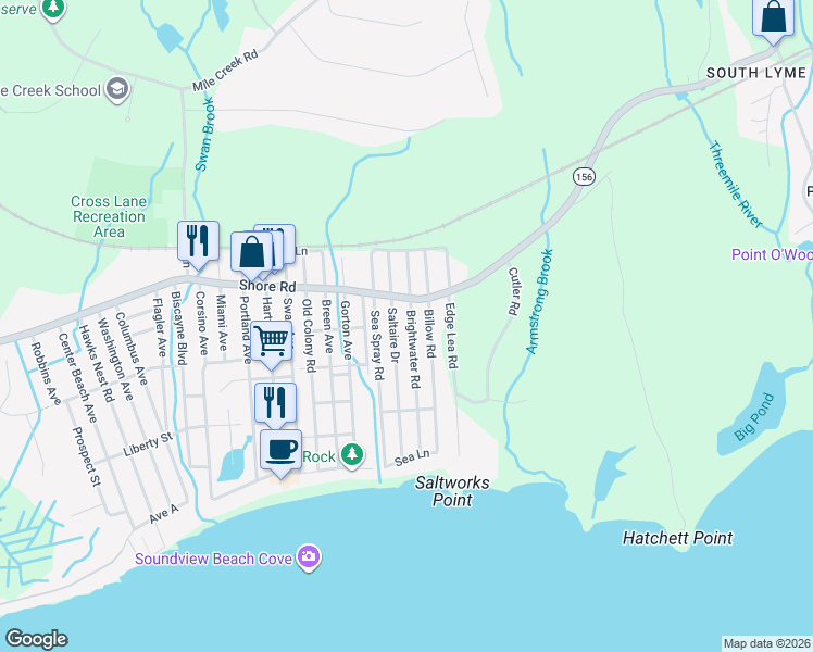map of restaurants, bars, coffee shops, grocery stores, and more near 11 Brightwater Road in Old Lyme
