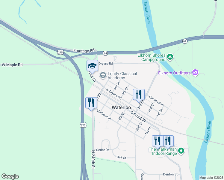 map of restaurants, bars, coffee shops, grocery stores, and more near 309 6th Street in Waterloo