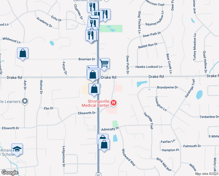 map of restaurants, bars, coffee shops, grocery stores, and more near 18719 Drake Road in Strongsville