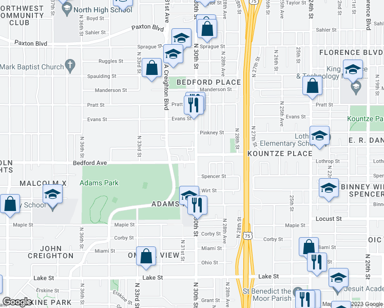 map of restaurants, bars, coffee shops, grocery stores, and more near 3005 Emmet Street in Omaha