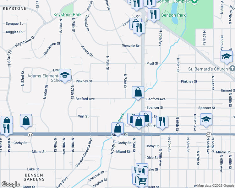 map of restaurants, bars, coffee shops, grocery stores, and more near 7308 Bedford Avenue in Omaha