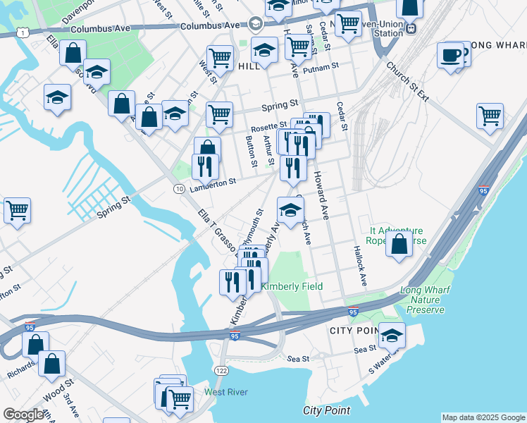map of restaurants, bars, coffee shops, grocery stores, and more near 114 Plymouth Street in New Haven