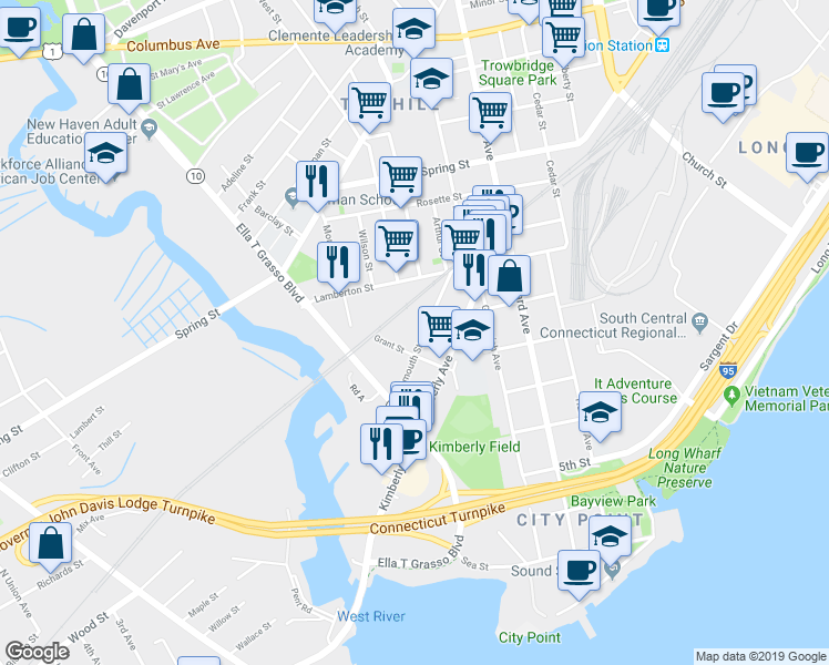 map of restaurants, bars, coffee shops, grocery stores, and more near 114 Plymouth Street in New Haven