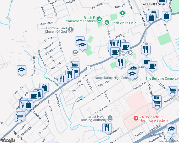 map of restaurants, bars, coffee shops, grocery stores, and more near 105 Daytona Street in West Haven