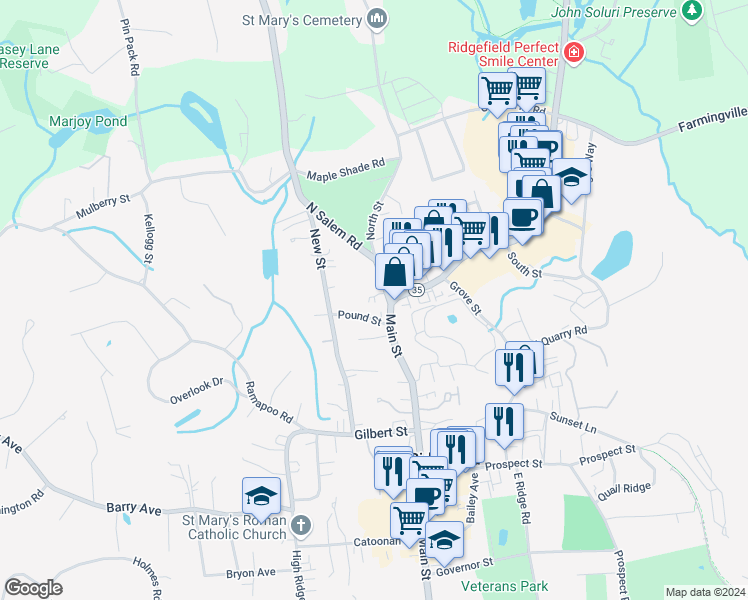 map of restaurants, bars, coffee shops, grocery stores, and more near 613 Main Street in Ridgefield