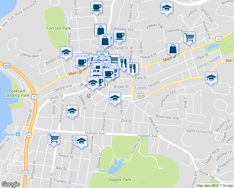 map of restaurants, bars, coffee shops, grocery stores, and more near 131 Crompond Road in Peekskill