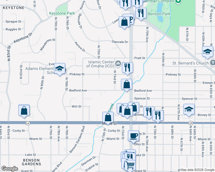 map of restaurants, bars, coffee shops, grocery stores, and more near 7308 Bedford Avenue in Omaha
