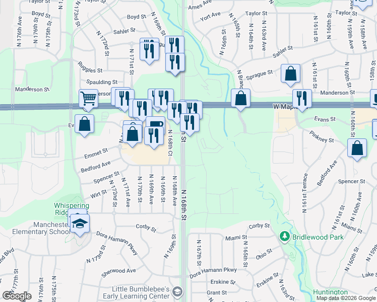 map of restaurants, bars, coffee shops, grocery stores, and more near 3305 North 168th Street in Omaha