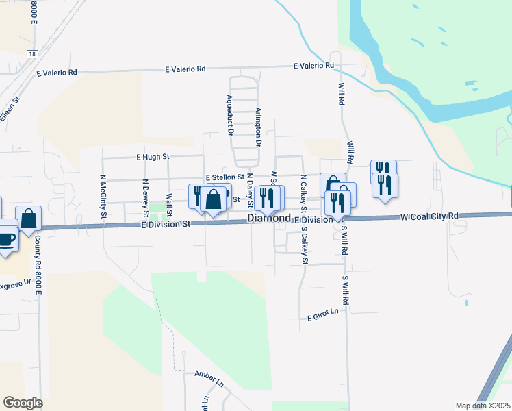 map of restaurants, bars, coffee shops, grocery stores, and more near 85 North Daley Street in Diamond