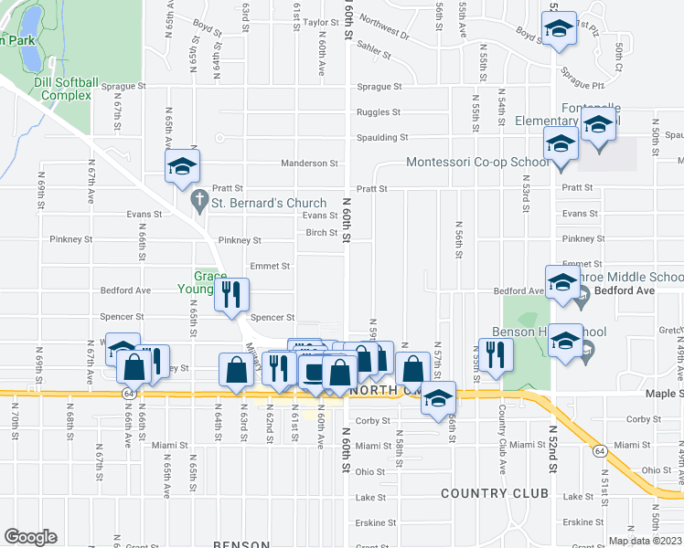 map of restaurants, bars, coffee shops, grocery stores, and more near 3300 North 60th Street in Omaha