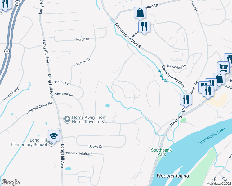 map of restaurants, bars, coffee shops, grocery stores, and more near 3 Cottage Court in Shelton