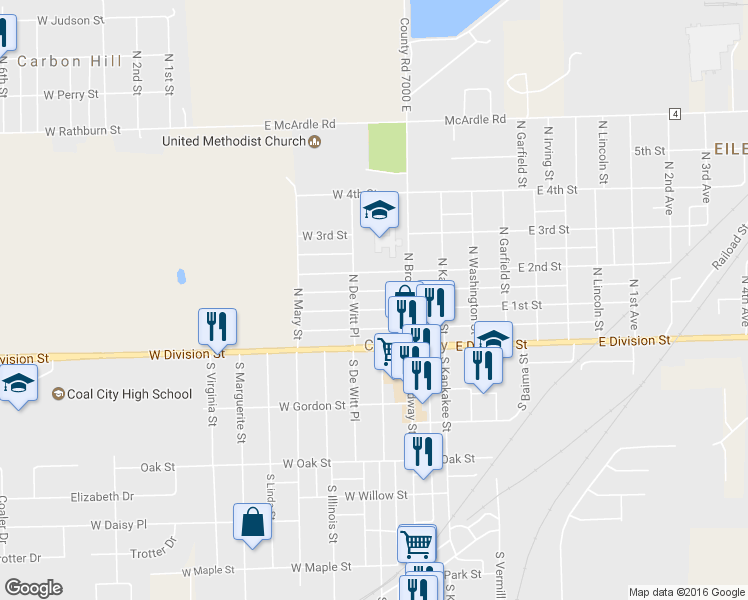map of restaurants, bars, coffee shops, grocery stores, and more near 120 West 1st Street in Coal City