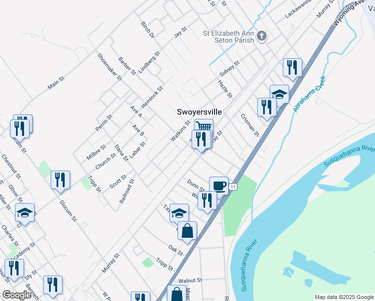 map of restaurants, bars, coffee shops, grocery stores, and more near 207 Simpson Street in Kingston