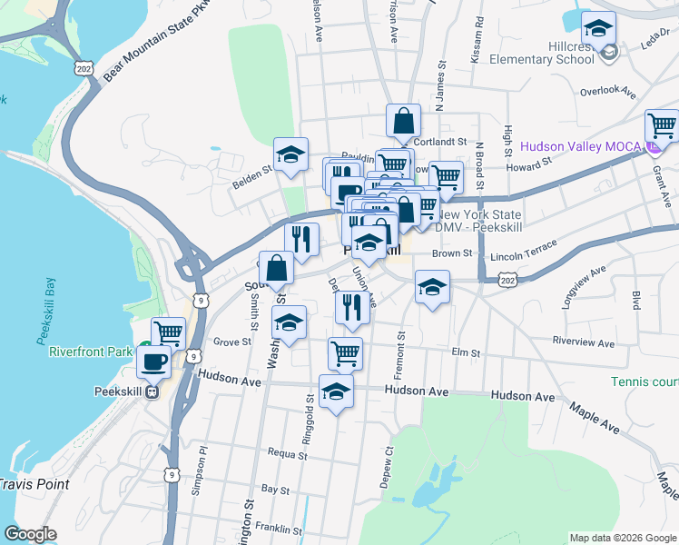 map of restaurants, bars, coffee shops, grocery stores, and more near 801 South Street in Peekskill