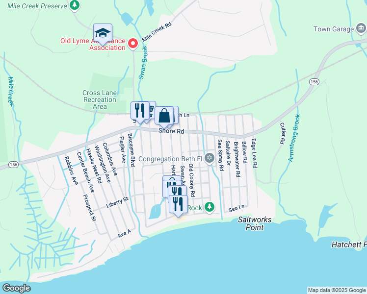 map of restaurants, bars, coffee shops, grocery stores, and more near 13 Swan Avenue in Old Lyme