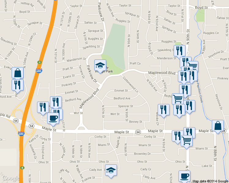 map of restaurants, bars, coffee shops, grocery stores, and more near 9603 Emmet St in Omaha