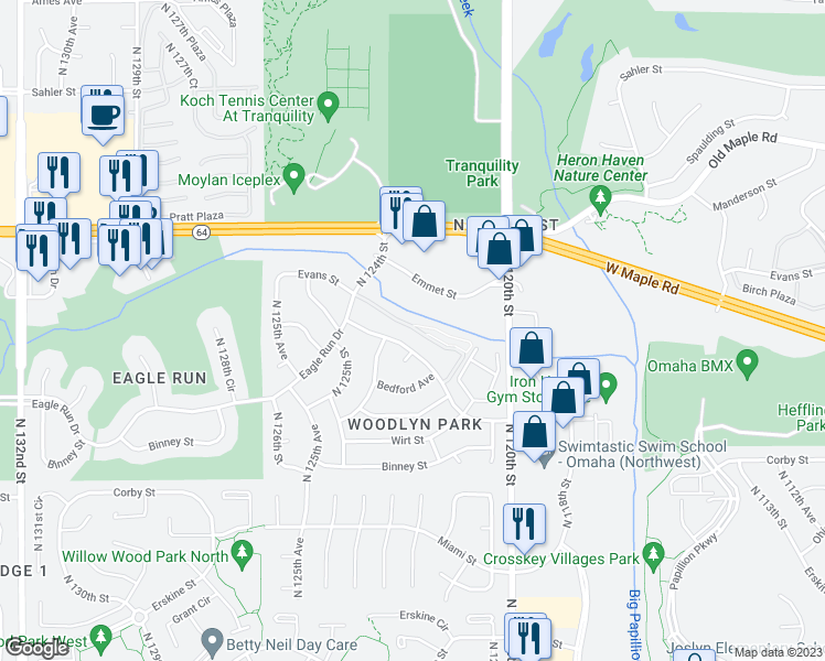 map of restaurants, bars, coffee shops, grocery stores, and more near 3345 North 124th Street in Omaha