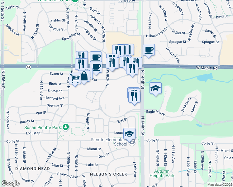 map of restaurants, bars, coffee shops, grocery stores, and more near 3333 North 147th Street in Omaha