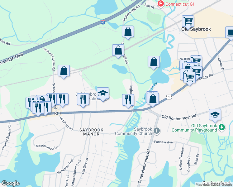 map of restaurants, bars, coffee shops, grocery stores, and more near 1111 Boston Post Road in Old Saybrook