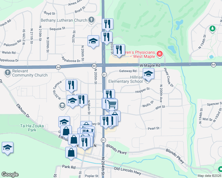 map of restaurants, bars, coffee shops, grocery stores, and more near 20360 Hopper Street in Omaha