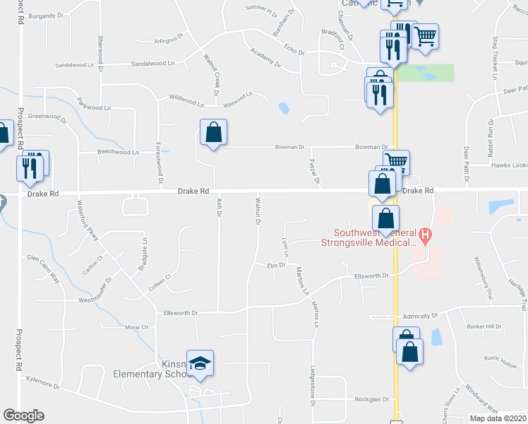 map of restaurants, bars, coffee shops, grocery stores, and more near 17737 Walnut Drive in Strongsville