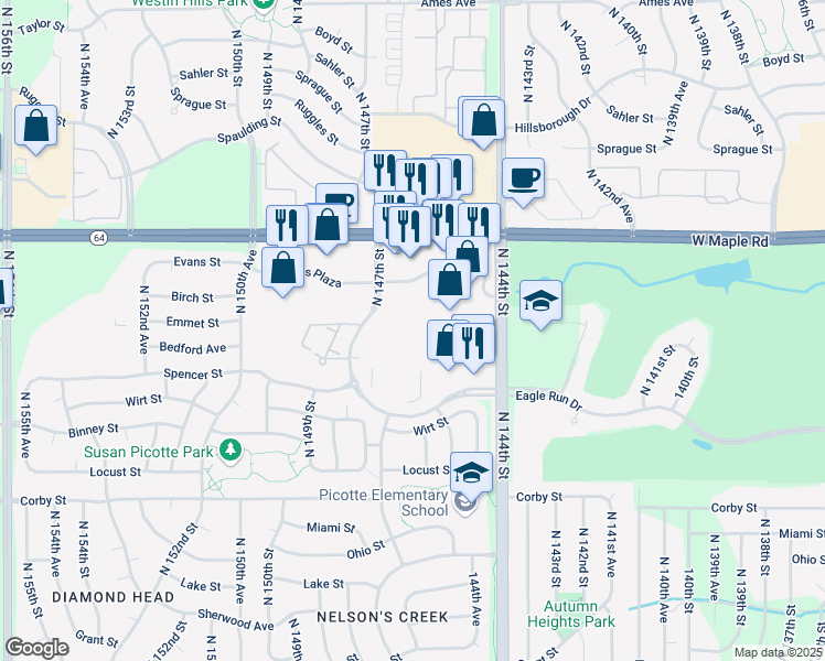 map of restaurants, bars, coffee shops, grocery stores, and more near 3333 North 147th Street in Omaha