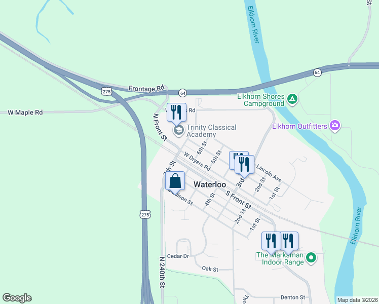 map of restaurants, bars, coffee shops, grocery stores, and more near 309 6th Street in Waterloo