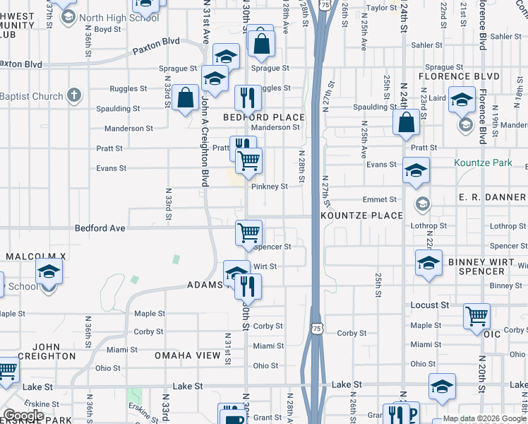 map of restaurants, bars, coffee shops, grocery stores, and more near 2861 Bristol Street in Omaha