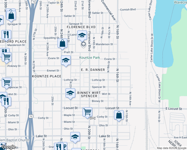 map of restaurants, bars, coffee shops, grocery stores, and more near 1920 Lothrop Street in Omaha