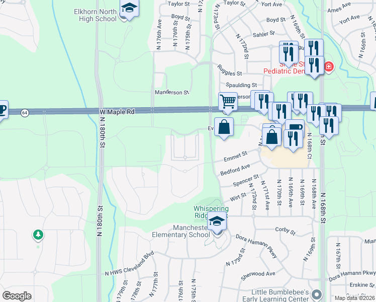 map of restaurants, bars, coffee shops, grocery stores, and more near 3533 North 175th Court in Omaha