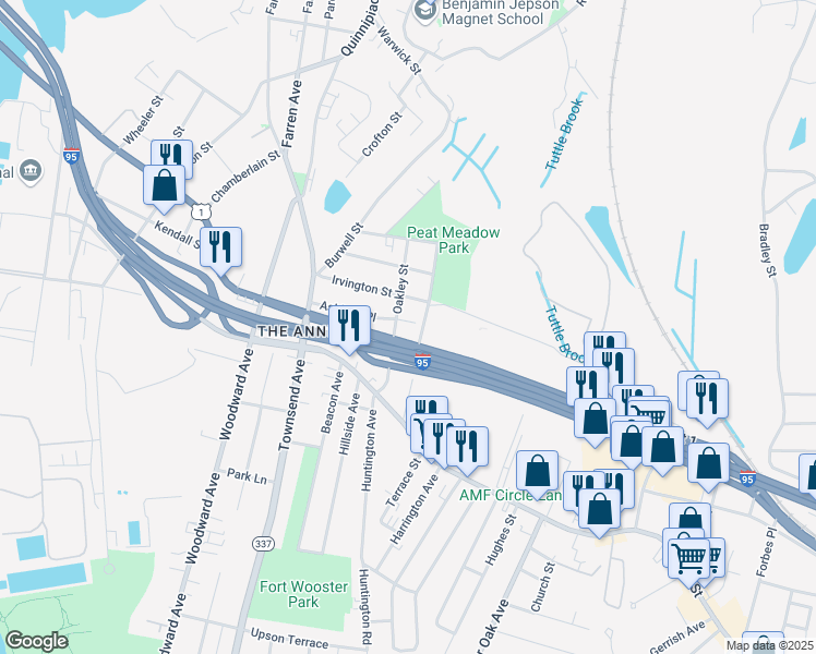 map of restaurants, bars, coffee shops, grocery stores, and more near 590 Forbes Avenue in New Haven