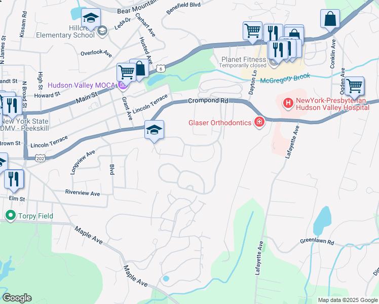 map of restaurants, bars, coffee shops, grocery stores, and more near 63 Bleakley Drive in Peekskill