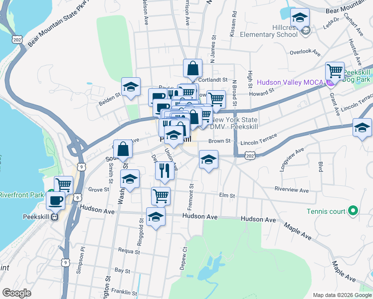 map of restaurants, bars, coffee shops, grocery stores, and more near 921 1st Street in Peekskill