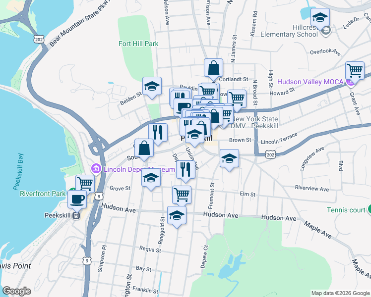 map of restaurants, bars, coffee shops, grocery stores, and more near 124 Union Avenue in Peekskill