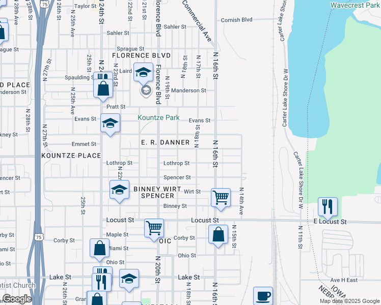 map of restaurants, bars, coffee shops, grocery stores, and more near 1816 Lothrop Street in Omaha