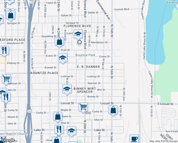 map of restaurants, bars, coffee shops, grocery stores, and more near 1920 Lothrop Street in Omaha