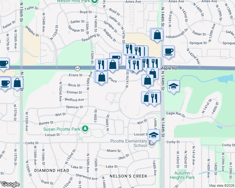 map of restaurants, bars, coffee shops, grocery stores, and more near 3315 North 147th Court in Omaha