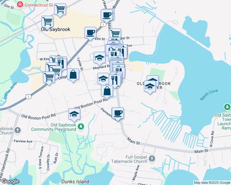 map of restaurants, bars, coffee shops, grocery stores, and more near 19 Old Boston Post Road in Old Saybrook