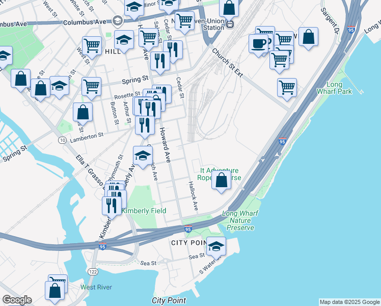 map of restaurants, bars, coffee shops, grocery stores, and more near 1 Long Wharf Drive in New Haven