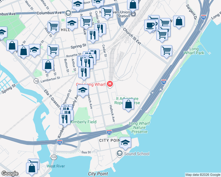 map of restaurants, bars, coffee shops, grocery stores, and more near 1 Long Wharf Drive in New Haven