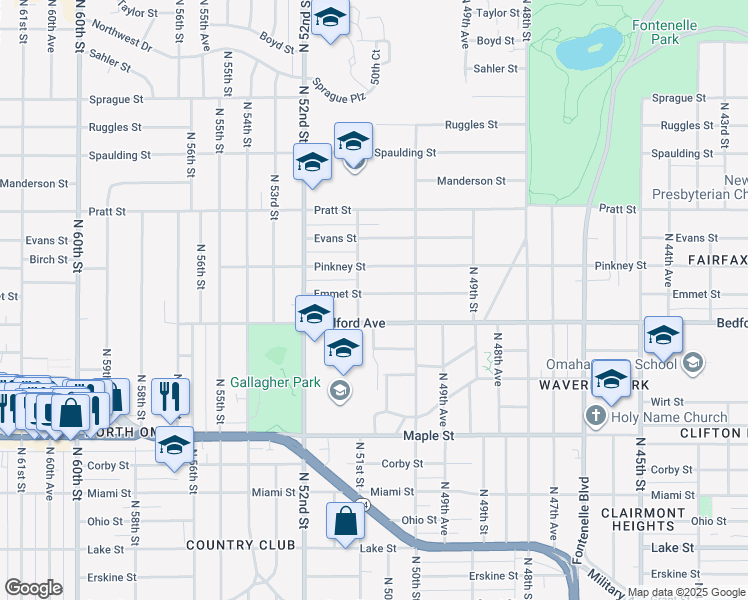 map of restaurants, bars, coffee shops, grocery stores, and more near 3303 North 51st Street in Omaha