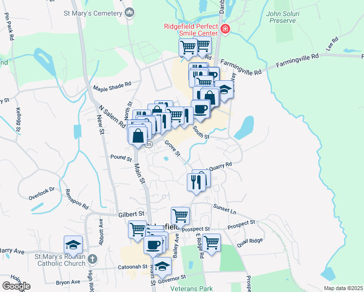 map of restaurants, bars, coffee shops, grocery stores, and more near 80 Grove Street in Ridgefield