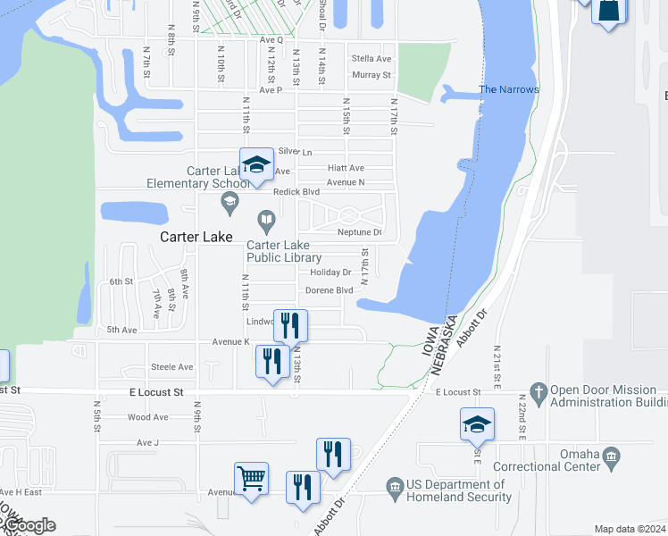 map of restaurants, bars, coffee shops, grocery stores, and more near 1330 Holiday Drive in Carter Lake