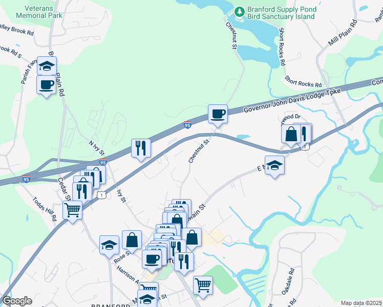 map of restaurants, bars, coffee shops, grocery stores, and more near 104 Chestnut Street in Branford