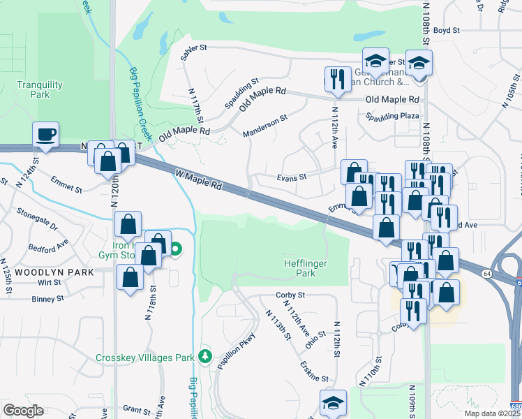 map of restaurants, bars, coffee shops, grocery stores, and more near 11433 West Maple Road in Omaha