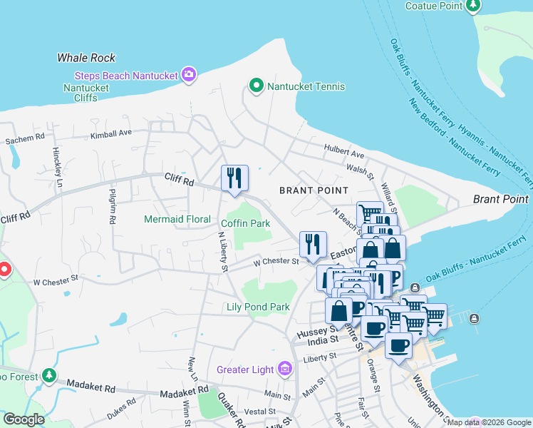 map of restaurants, bars, coffee shops, grocery stores, and more near 42 Cliff Road in Nantucket