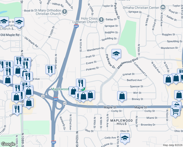 map of restaurants, bars, coffee shops, grocery stores, and more near 9925 Emmet Street in Omaha