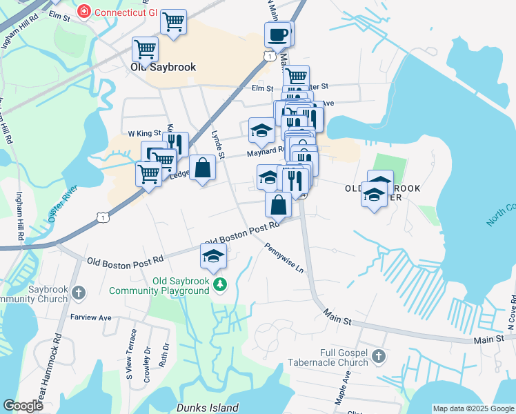 map of restaurants, bars, coffee shops, grocery stores, and more near 35 Old Boston Post Road in Old Saybrook